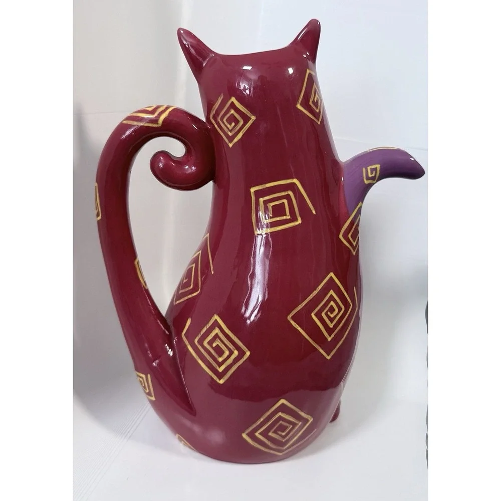 Ganz Bella Casa Ceramic Cat Pitcher Teapot Maroon Spiral Rare BC12763